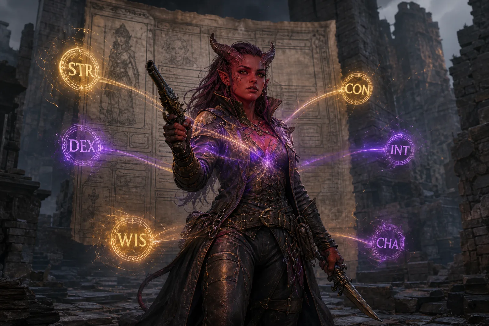 Sheet into the keep A DNDAI hero with ability-score runes flowing into their body